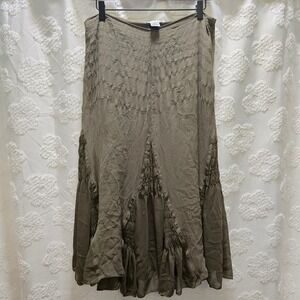 WD-NY Womens 100% Silk Crinkle Smocked Midi Skirt Olive Green Size 14 Boho